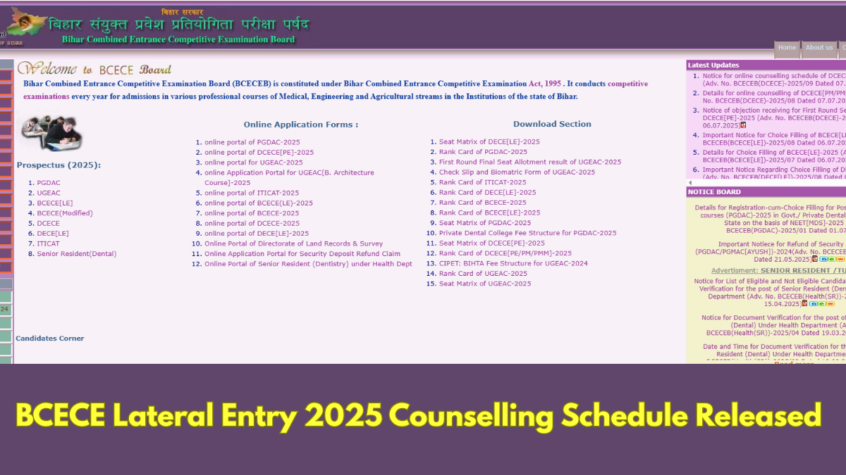 BCECE Lateral Entry 2025 Counselling Schedule Out